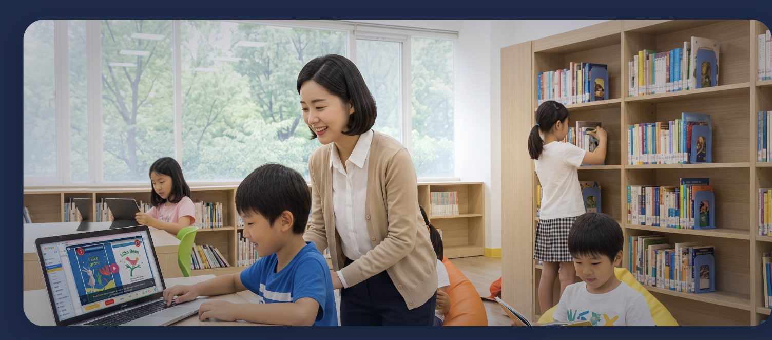 선생님과 학생들이 함께하는 따뜻한 영어 수업 장면