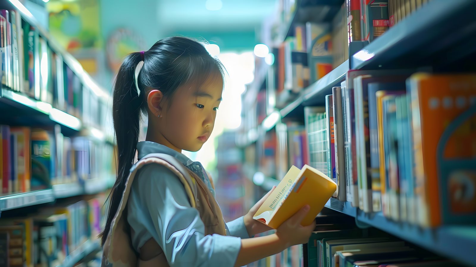 도서관에서 원서를 고르는 아이