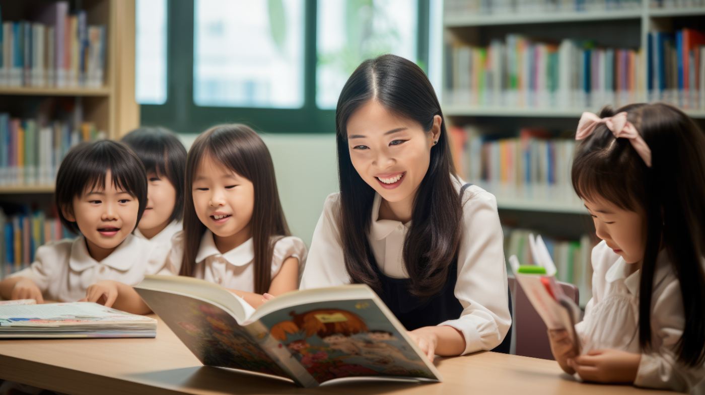 도서관에서 선생님이 아이들에게 유넥 원서를 읽어주는 모습